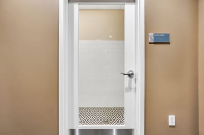Door to a dog spa with patterned floor