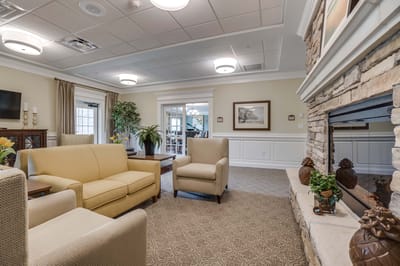 Cozy common area with comfortable seating and fireplace
