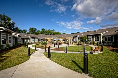 A beautiful outdoor courtyard with walking paths and seating