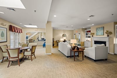 Bright common area with seating and decor
