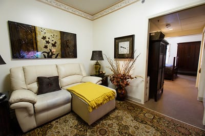 Cozy living area in a resident room with decor