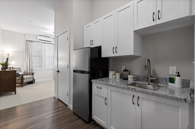 Interior view of a kitchenette in a resident room