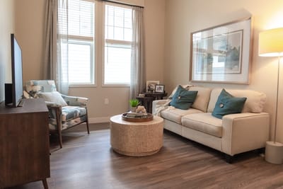 Cozy interior of a resident living room with light decor