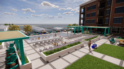 Outdoor pool area with lounge chairs and residents relaxing