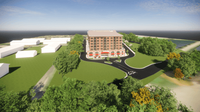 Aerial view of the Sanders Ferry Assisted Living building surrounded by greenery