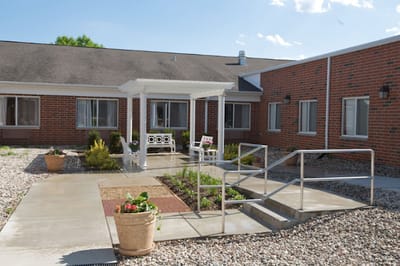 Outdoor courtyard with seating and pathways