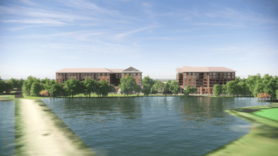 Aerial view of the assisted living facility by the lake