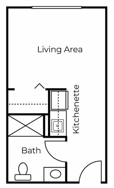 Floor plan of a living area with kitchenette and bathroom
