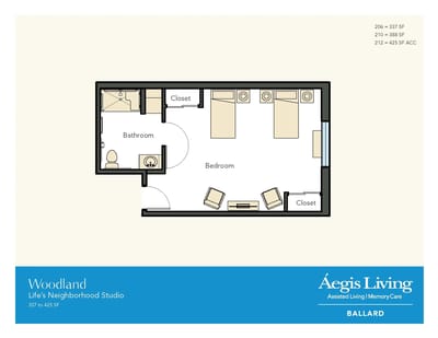 Architectural floor plan of a Woodland neighborhood studio