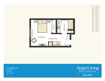 Floor plan of a studio apartment at Aegis Living Ballard