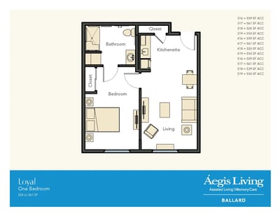 Floor plan of a one-bedroom unit at Aegis Living Ballard