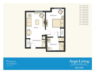 Architectural floor plan of a one-bedroom unit