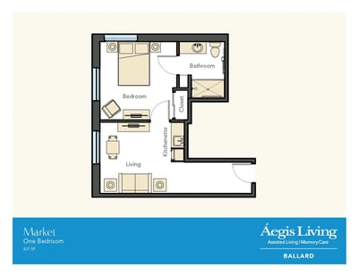 Architectural floor plan of a one-bedroom unit