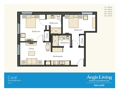 Floor plan of a two-bedroom unit at Aegis Living Ballard