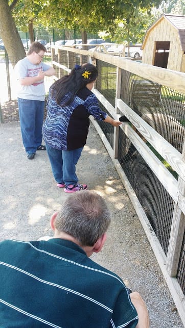 Cahoots Adult Day Service LLC, adult day care in Waupaca, WI — Residents interacting with animals in an outdoor enclosure