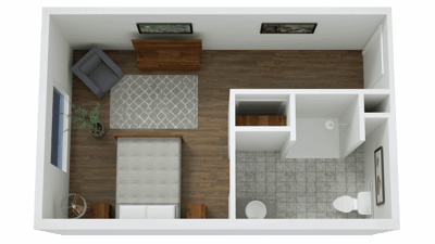 Aerial view of a private resident room layout