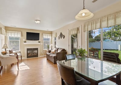 Bright common area with windows and seating
