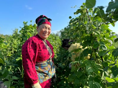 Smiling woman in a garden with green plants