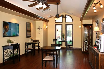 Bright common area with tables and chairs