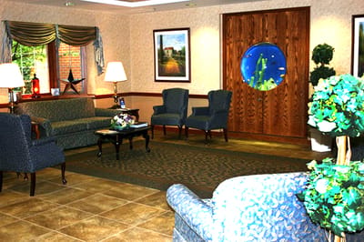 Interior of a common area with seating and decor