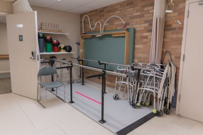 Therapy area with walking aids and equipment