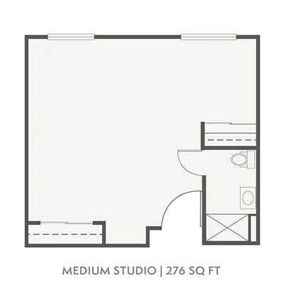 Architectural floor plan for a medium studio unit