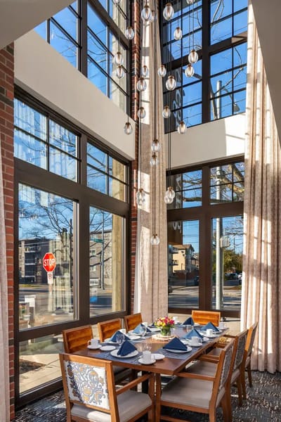 Dining area with elegant decor and natural light