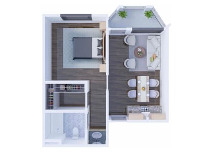 Floor plan layout of a resident room and living area