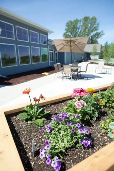 Outdoor garden area with flowers and seating