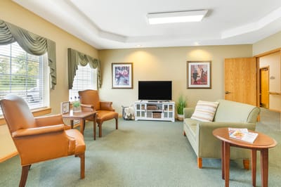 Bright common area with seating and decor