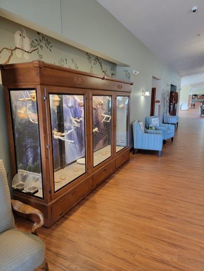 Interior common area with display cases and seating