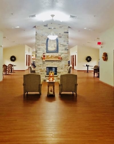 Bright common area with seating and decor