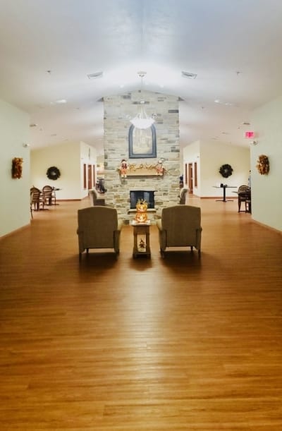 Interior view of a common area with seating and decor