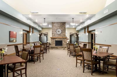 Interior view of a common area with tables and chairs