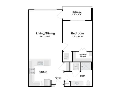 Detailed floor plan of a one-bedroom suite