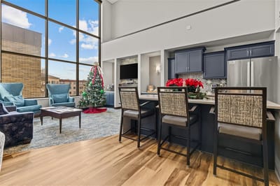 Bright common area with festive decorations