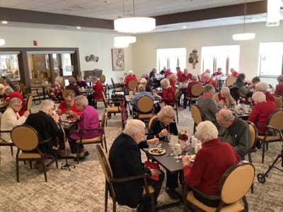 Seniors enjoying a meal in the dining room