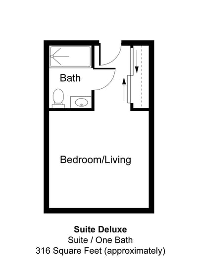 Floor plan of a deluxe suite with one bath