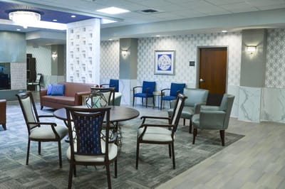 Bright and inviting common area in a senior living facility