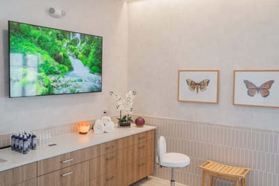 Interior space with soothing decor and nature-themed art