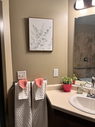 Bathroom with decorative towel and plant arrangement