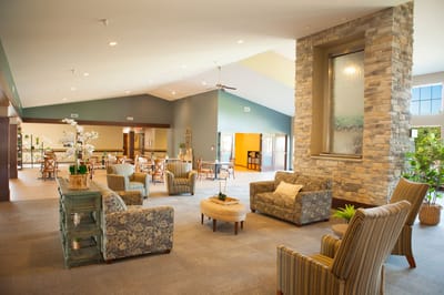 Bright common area with seating and decor