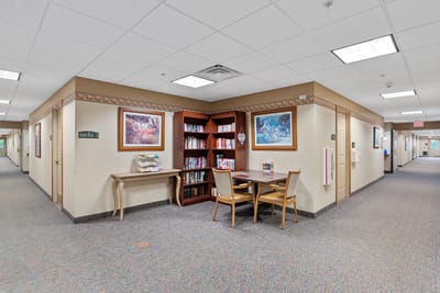 Interior view of a common area with bookshelves