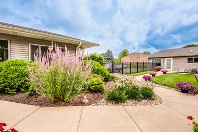 Well-maintained garden area with flowers and pathways