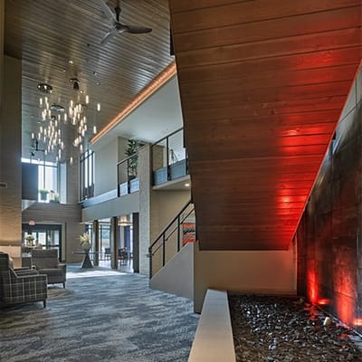 Interior lobby with modern furnishings and lighting