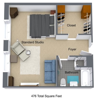 Floor plan of a standard studio room layout