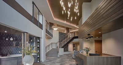 Bright and spacious lobby area of a senior living facility