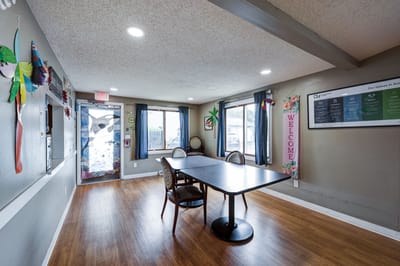 Bright common area with welcome decorations
