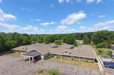 Aerial view of the Mountain Terrace Senior Living facility with gardens
