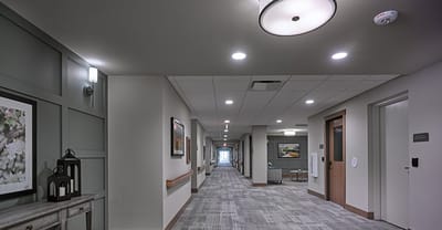 Interior hallway of a senior living facility